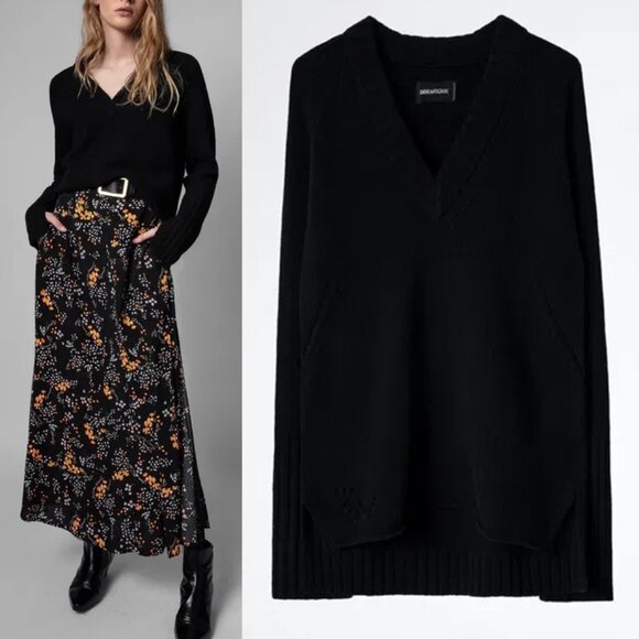 Zadig & Voltaire Valmy Reve D'Amour Vneck Jumper Sweater L 100% Merino Wool $358 - Picture 2 of 16